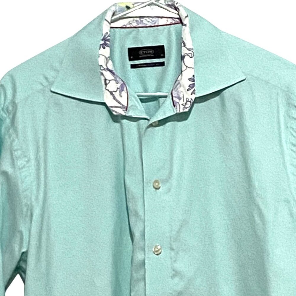 Eton of Sweden Mens Flip Cuff Button Front Dress Shirt XL Green Boho‎ Groovy